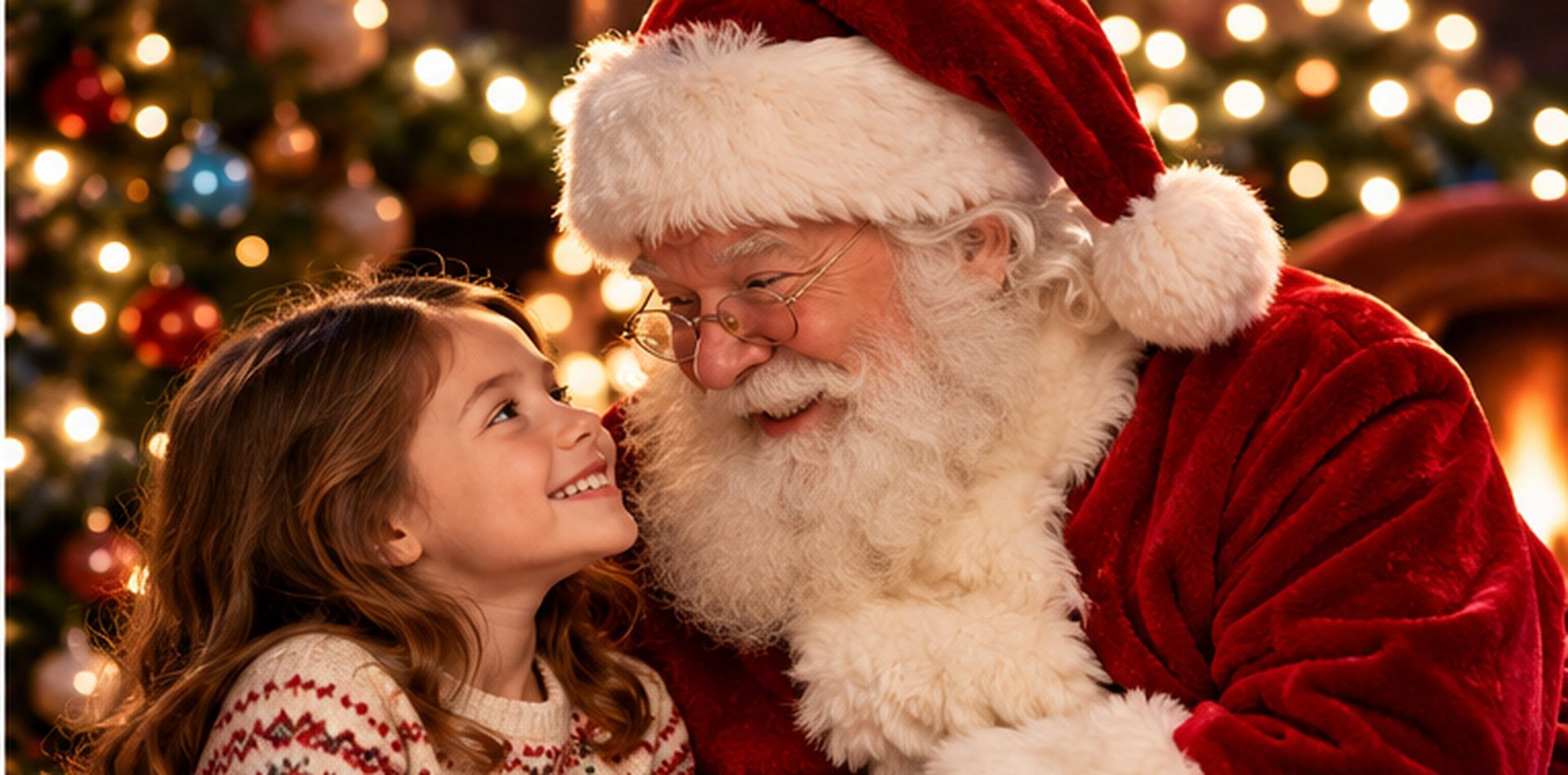 Santa smiling down at a delighted girl by the Christmas tree